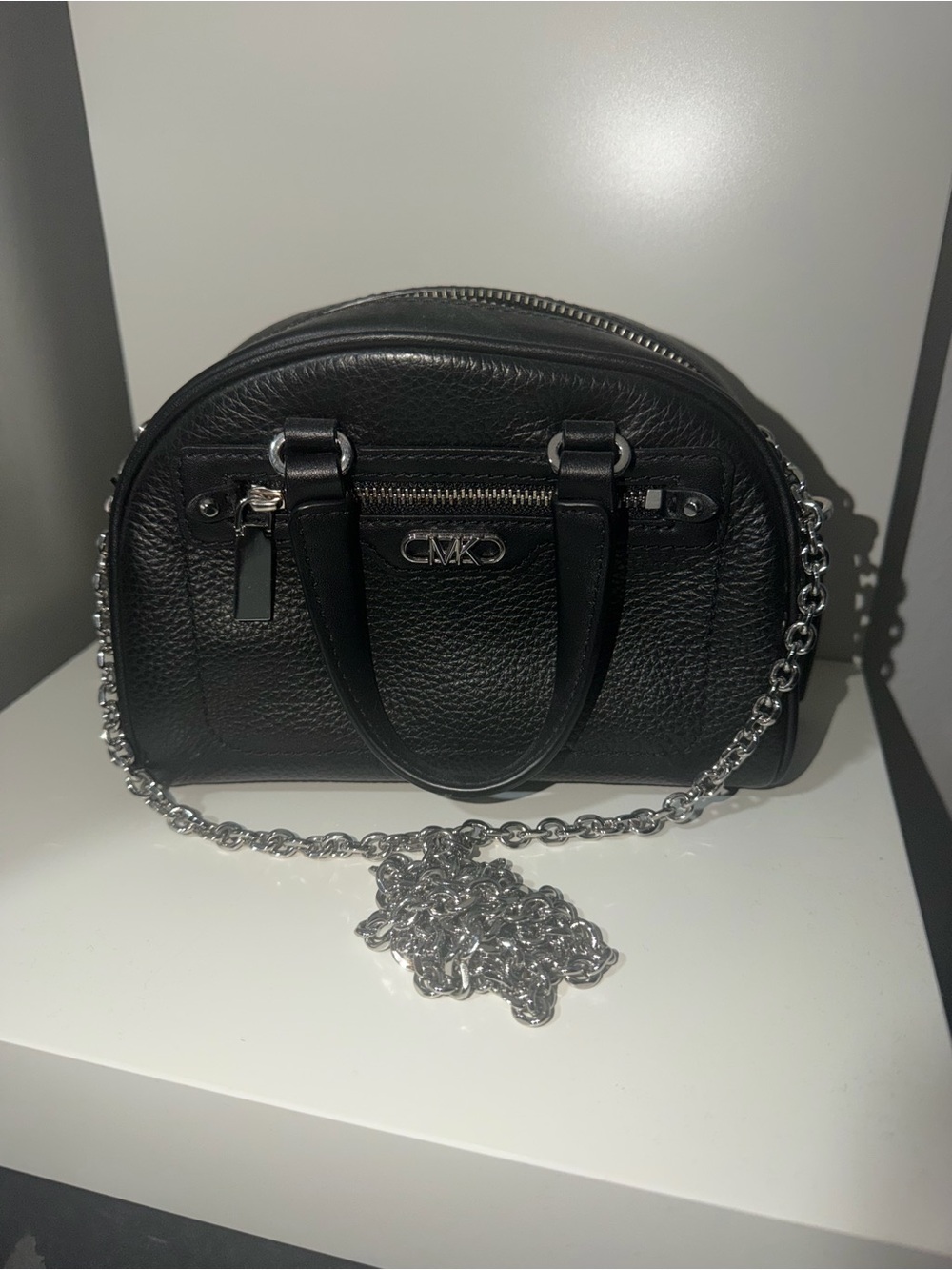 Michael Kors Black Leather Dome Crossbody with Chain Strap